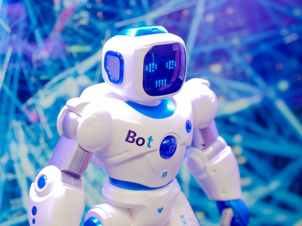 services-04 High-tech humanoid robot with LED face display, showcasing modern robotics and innovation.